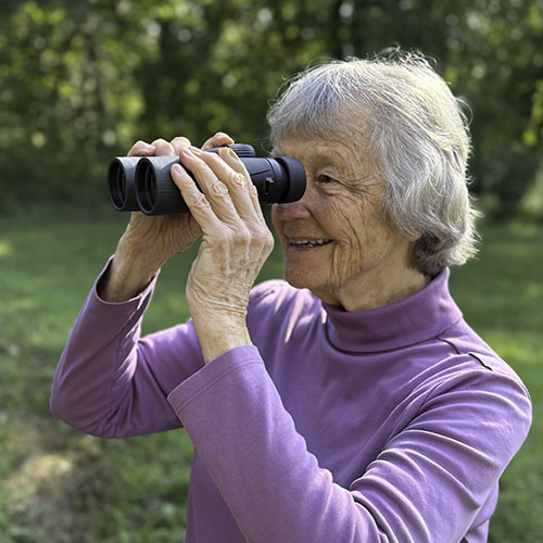 Diane Porter with Swarovski 32mm NL Pure binoculars.
